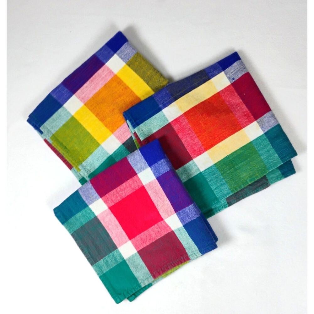 Hand Woven Linen Blend Napkins Set 3 Multicolor Plaid Cotton Table Linens India
